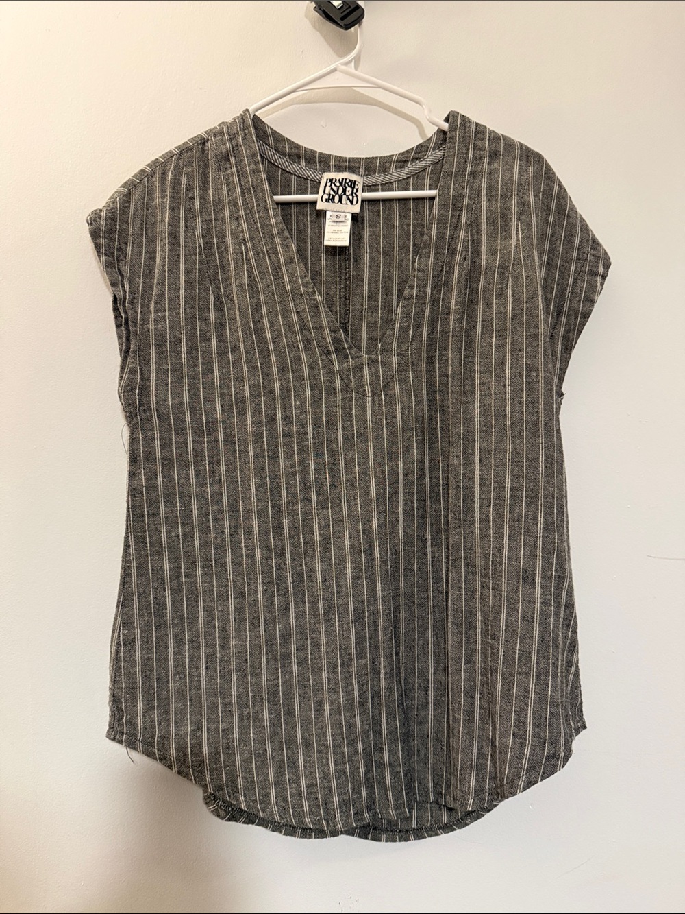 Eileen Fisher Charcoal Gray Pinstripe V-Neck Tunic Top